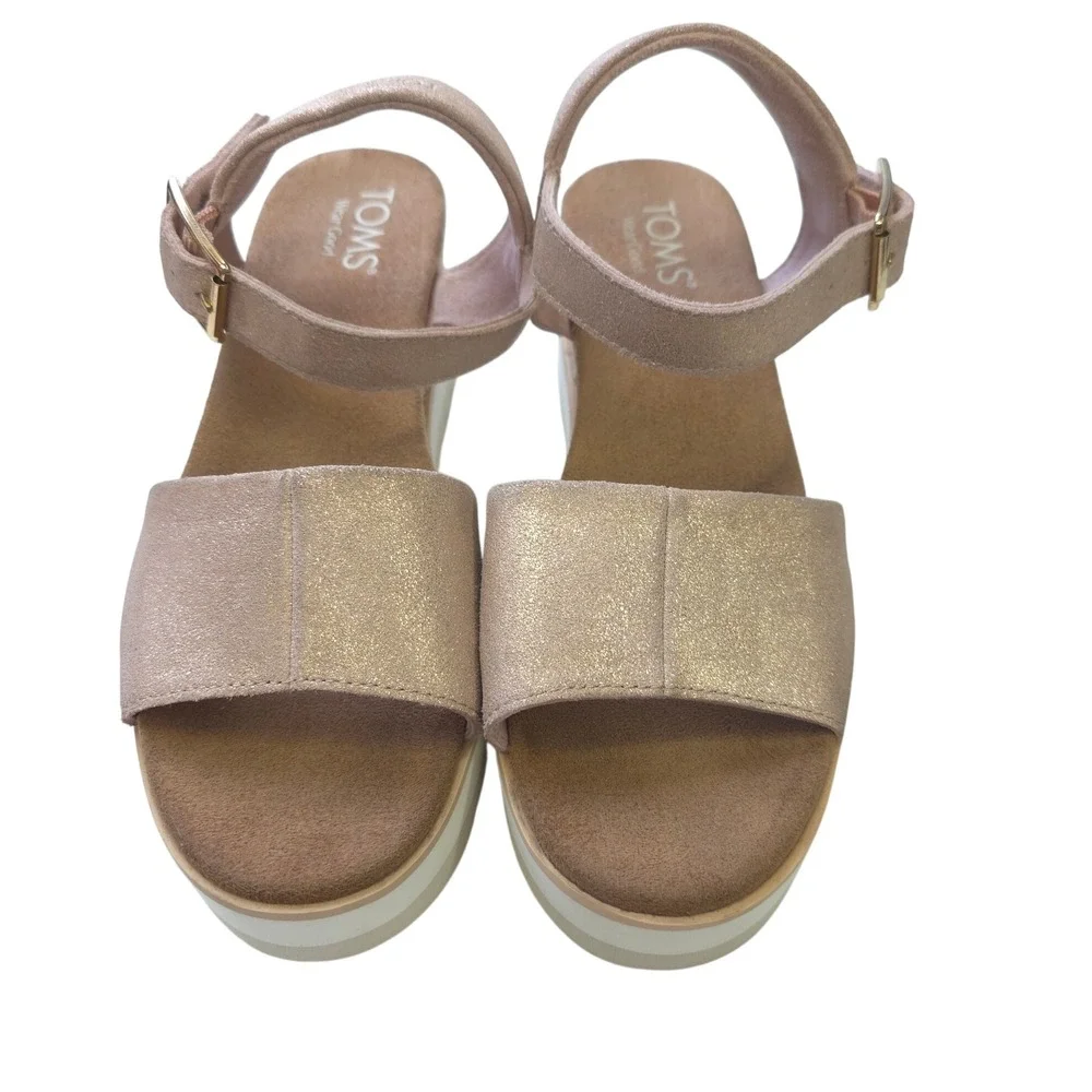TOMS Metallic Rose Gold Leather Platform Wedge Sandals Womens 7 Boho Resort